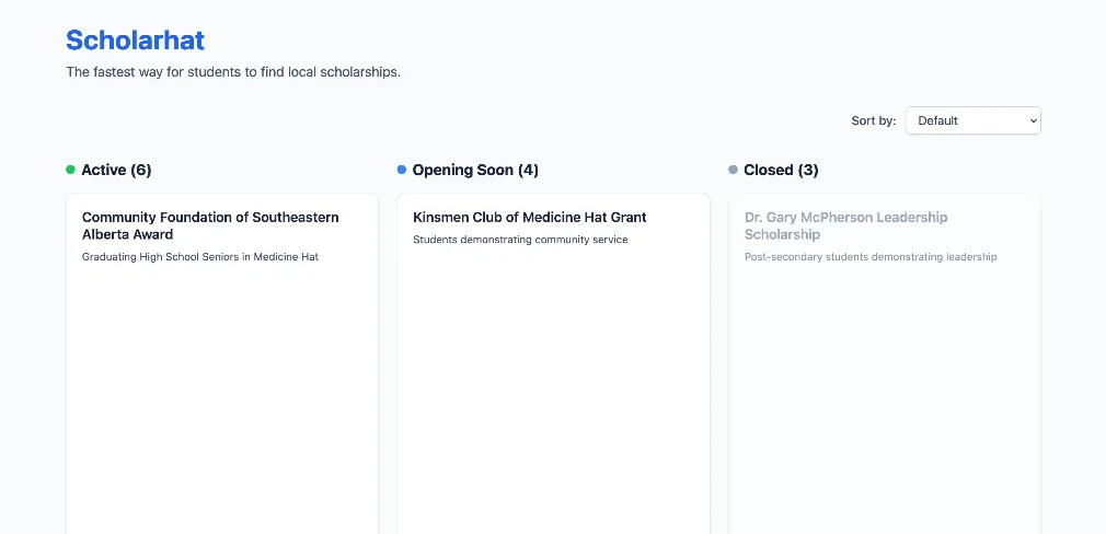 An early version of the site called Scholarhat, with scholarships in three columns: Active, Opening Soon and Closed.