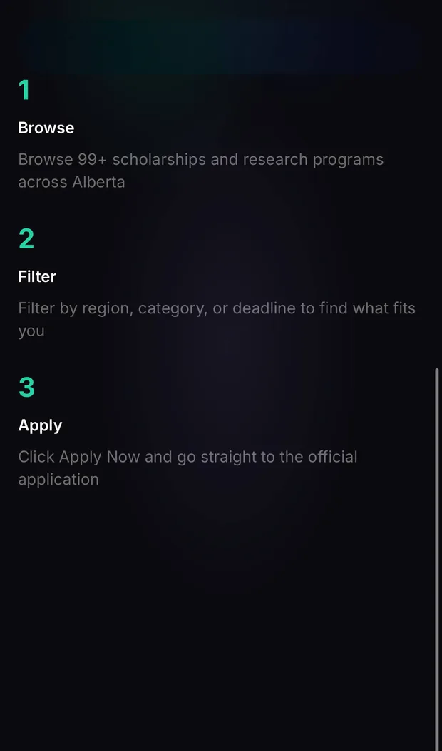 The site on a phone, in dark colours, listing three steps: Browse, Filter and Apply.