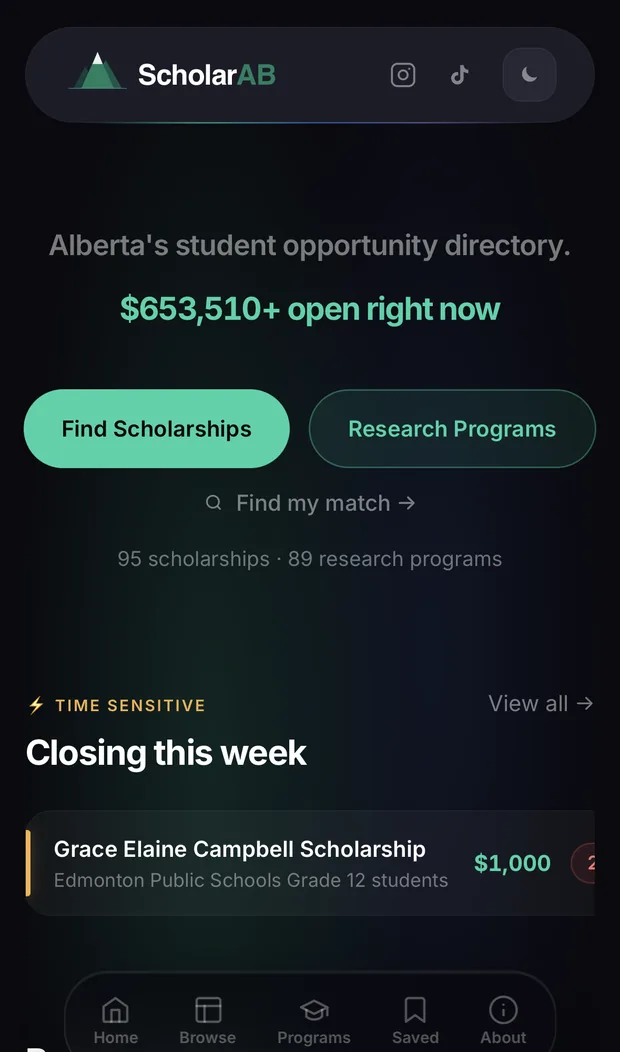The home page on a phone, in dark colours, reading Alberta's student opportunity directory and $653,510+ open right now.